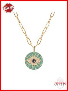 14k Gold Plated Evil Eye Pendant Necklace 18-20 Inch Extender Round Disk